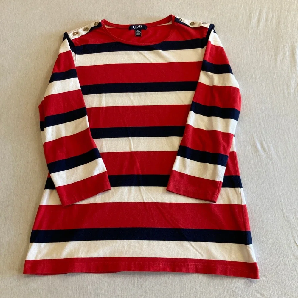 Chaps Top Womens Large Red White Navy Blue‎ Striped Button Shoulder L/S Blouse